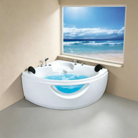 Baignoire Balnéo d'Angle de Luxe avec Panneau en Verre Courbé Transparent, Double Appuie-tête Noir et Jets de Massage pour Villa