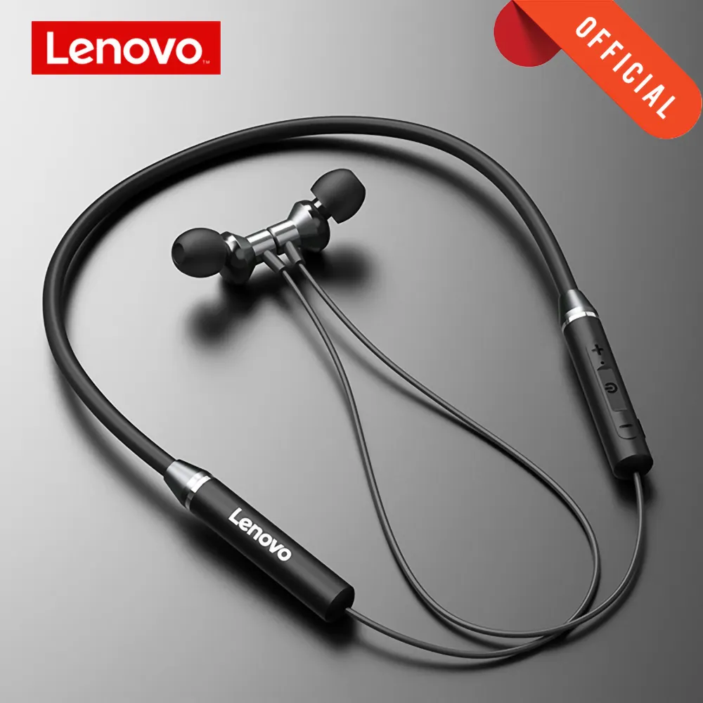 Lenovo Earphone Bluetooth HE05 earbud nirkabel Earphone tali leher magnetik Headset olahraga tahan air IPX5 dengan Noise Cancelling