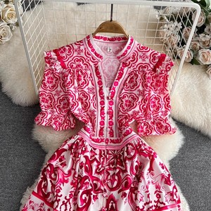 GX8716 <span class=keywords><strong>Robe</strong></span> midi trapèze imprimée pour <span class=keywords><strong>femme</strong></span>, col en V, <span class=keywords><strong>manches</strong></span> <span class=keywords><strong>courtes</strong></span>, boutonnée, sexy, mode <span class=keywords><strong>été</strong></span> - Product Image 4