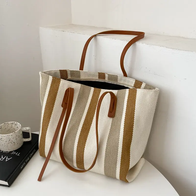 Bolsa de ombro feminina casual simples de grande capacidade para compras ao ar livre, sacola de viagem listrada