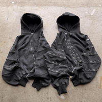 Sweat à capuche épais délavé à l'acide avec fermeture éclair diagonale, œillets métalliques, coupe oversize, en coton tricoté, streetwear d'hiver, broderie 3D, unisexe