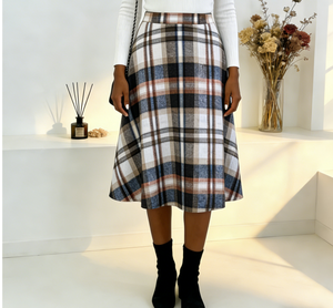 Joyinspring Women's Winter Natural Waist Plus Size <b>Magenta</b> Checkered Casual Ruffles Knee-Length A-Line Flared Fishnet Skirt - Product Image 2