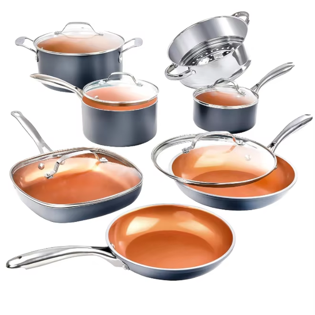 Factory Supply 12-Piece Cookware Set Ceramic Non-Stick Coating Detachable Classic Glass Cookware Set Includes Pots Silk Color