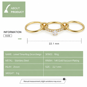 Linked Three-<b>Ring</b> Zircon Design <b>Stainless</b> <b>Steel</b> 14K Gold Vacuum Plated Pear Stone Connected Statement <b>Ring</b> - Product Image 3