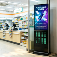Kiosque d'affichage numérique sur pied avec banque d'alimentation partagée 21,5 et 32 pouces, station de recharge et écran LCD publicitaire, OEM d'usine