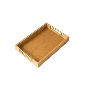 Eco Friendly Food Tray Bamboo Tray Rectangular Large Dinner Plates Serving Tray With Metal Handles dinnerware