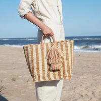 Sac fourre-tout de luxe fait main pour femme, en crochet, en paille tressée, sac de plage rayé avec pompons, vente en gros