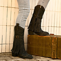 Bottes pour femmes mi-mollet en cuir PU, style western, à pampilles, bout large pointu, style européen et américain, automne-hiver
