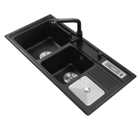 Évier de cuisine double cuve fait main avec support à couteaux à deux trous, multifonctionnel, style européen moderne, noir, à encastrer, surface mate, en quartz