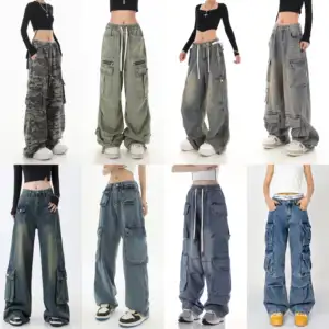 Wholesale women's casual street jeans universal pockets loose oversized workwear jeans
