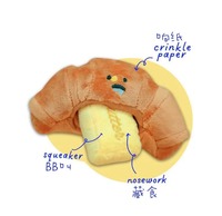 삐걱거리는 부드러운 플러시 크루아상 강아지 노즈워크 장난감, 내구성 있는 고양이용 씹는 장난감, 매일 사용하는 만화 캐릭터 모양, 간식 숨기기 및 냄새 훈련용