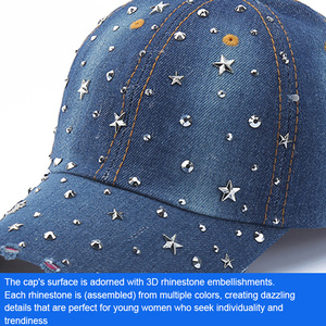 Gorra de Béisbol de Mezclilla Lavada Personalizada al por Mayor para Mujer, Protección Solar para Exteriores, Gorra Deportiva Brillante - Product Image 3