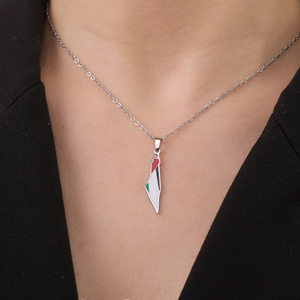 Collier pendentif en acier inoxydable plaqué or 18 carats, chaîne à maillons, style classique, carte du drapeau national palestinien émaillée - Product Image 5