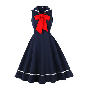 Abito da <span class=keywords><strong>Donna</strong></span> Blu <span class=keywords><strong>Navy</strong></span> Senza Maniche con Colletto alla Marinara e Fiocco Rosso, <span class=keywords><strong>Stile</strong></span> Vintage, Vestito Midi con Nastro a Contrasto per Primavera Estate - Product Image 1
