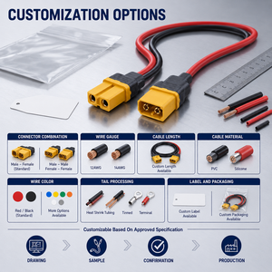 Câble de connecteur d'alimentation haute intensité à 2 pôles, mâle-femelle, 12AWG 14AWG, faisceau de câbles en silicone pour batterie de drone RC, OEM ODM - Product Image 4