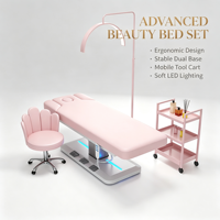 Lit de Beauté Électrique Rose de Luxe à 3 Moteurs avec Tabouret, Chariot et Lampe, Table de Soin Facial LED pour Salon et Clinique Haut de Gamme