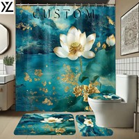 Rideau de douche 4 pièces antidérapant imprimé motif floral bohème classique, en polyester imperméable, couleur et design personnalisables, 12 crochets