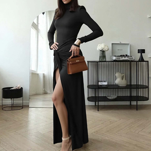 Fashion Long Sleeve Draped Bandage Bodycon Club Long Dress Custom Turtleneck <strong>Thigh</strong> <strong>High</strong> Split Sexy Maxi Dress for <strong>Women</strong> - Product Image 3