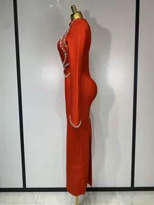 Abito da Sera Lungo Aderente da Donna, Stile Club Sexy, con Maniche Lunghe, Perline, Scollatura Illusione, Collo Alto, in Spandex/Poliestere - Product Image 3