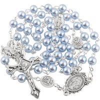 Colliers de perles de prière en verre imitation perle de 6 mm rose, violet et bleu KOMI avec pendentif croix crucifix pour femmes, cadeaux religieux