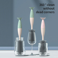 Nouvelle conception Brosse de nettoyage pour biberon en silicone 360° à long manche, sûre et durable, rose/bleue