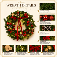 Guirlande de Noël artificielle pré-éclairée de 40 cm avec lumières LED, nœud en velours rouge, boules, pommes de pin et baies, décoration murale pour porte d'entrée et maison de fêtes