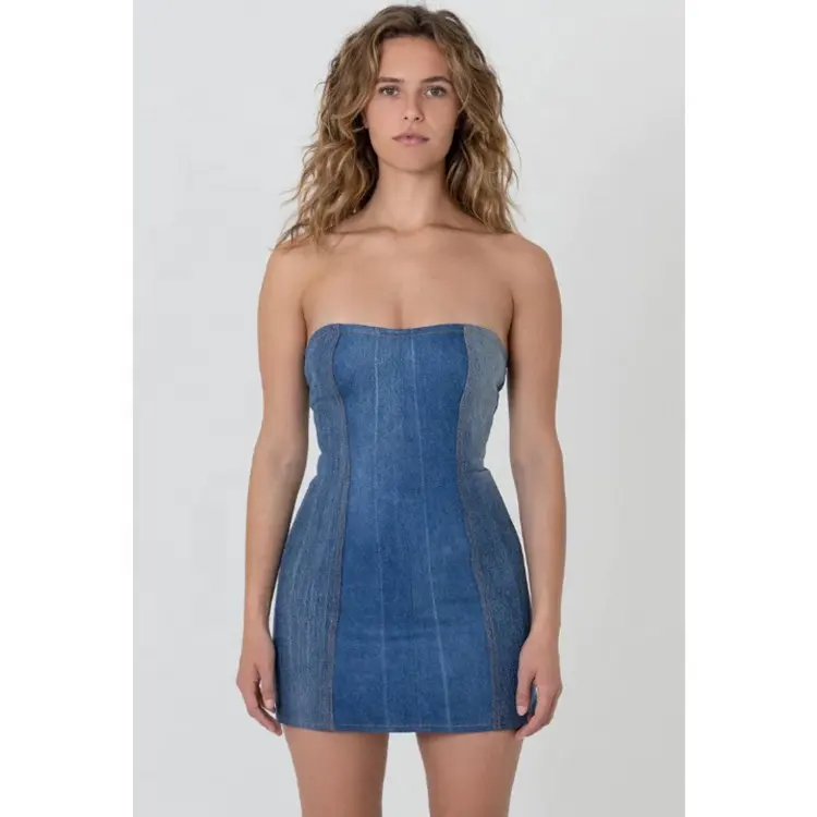 Denim Strapless Mini Dress In Blue Custom Women Denim Patchwork Dress Bodycon Outfit Jeans Dress