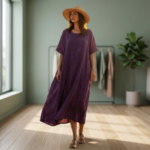 Bell Sleeve High Waist Handmade Organic Linen A-Line Bow Vintage Midi <b>Dress</b> 100% Cotton Breathable Elegant Daily <b>Summer</b> <b>Pockets</b> - Product Image 3