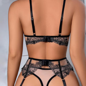 Blumen stickerei Dessous Sets Strumpfband Gürtel für Frauen Erotische Unterwäsche Mesh Durchsichtig Sexy Hollow Out BH Höschen 3-teiliges Set - Product Image 6