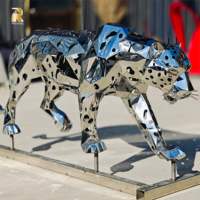 Sculpture animale extérieure brillante Statue léopard géométrique en acier inoxydable argenté