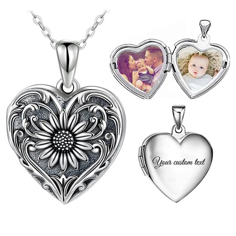 Colgante de plata de ley 925 con forma de corazón y girasol, joyería personalizada con fotos, medallón