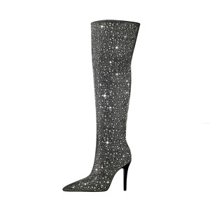 Bottes Western Xinzirain sur mesure <span class=keywords><strong>taille</strong></span> 46, montantes, à bout pointu, coupe ample, en cuir noir, avec strass, talon aiguille, pour <span class=keywords><strong>femme</strong></span> - Product Image 1