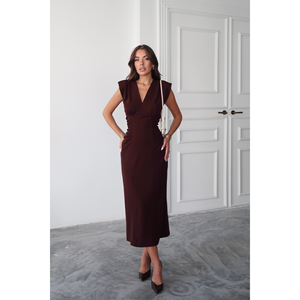 เดรสสีน้ำตาลทรงวีคอแบบสกูบา ดีไซน์จับจีบด้านข้าง ความยาวปานกลาง เหมาะสำหรับใส่ทำงาน สำหรับผู้หญิง ไซส์ S - Product Image 5