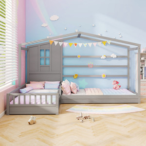 L-shaped <strong>Double</strong> Twin Children <strong>Beds</strong> House <strong>Platform</strong> <strong>Beds</strong> with Fences Corner <strong>Bed</strong> Frame Gray - Product Image 2