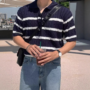 Mùa hè cao cấp dày cáp đan ngắn tay áo hàng đầu áo thun độc đáo sọc thiết kế áo len với tính năng chống đóng cọc - Product Image 6