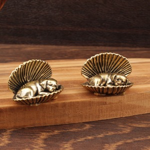 Ocean Series Metal Seashell Puppy Brass <b>Ornament</b> 2Pcs Desktop Decor Coastal Style Living Room Craft - Product Image 1