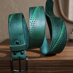 Green Cow Hide Eco-Friendly Vintage <b>Belt</b> Steel Square Pin Buckle Durable Handcrafted Leather Men's Solid Color Waterproof - Product Image 1