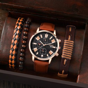 Drioshipping Montre Homme de Luxe avec Bracelet, Ensemble Cadeau Montre-Bracelet à Quartz en Cuir Marron Tendance pour Hommes, Relogio Masculino - Product Image 4