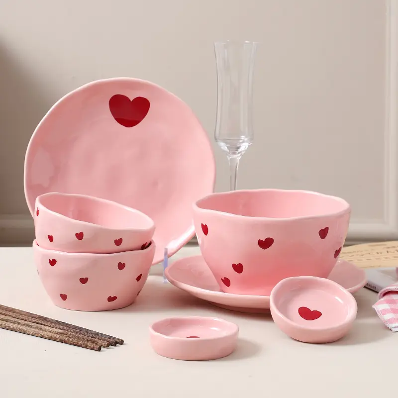 Lelyi Factory Direct Sales Ins Korean Pink Love Series Ceramic Tableware Household Light Luxury Rice Bowls and Dishes