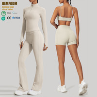 Conjunto de Yoga Feminino Personalizado de 4 Peças para Academia: Top de Manga Longa com Meio Zíper, Leggings Flare, Shorts Levanta Bumbum e Sutiã Esportivo de Secagem Rápida
