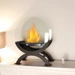Unique Double Arch Structure Black Metal Fireplace Round Glass Large And Stable Free Standing Ethanols Fireplace For Home decor