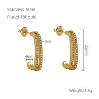 Boucles d'oreilles créoles J à double rangée d'accentuations transparentes, 25 mm, en acier inoxydable 304, plaqué or 18 carats sous vide, à double rail fin, bijoux géométriques élégants