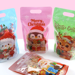 Sacs cadeaux imprimés Joyeux Noël, pochettes verticales avec poignée, emballage plastique alimentaire pour bonbons, sucre, souvenirs - Product Image 5
