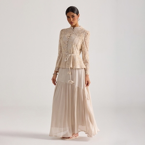 Nuovo Set Due Pezzi Autunno 2026: Top Elegante in Pizzo Ricamato a Maniche Lunghe Stile <span class=keywords><strong>Palazzo</strong></span> con Gonna a Metà Coscia - Product Image 2