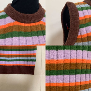 Gilet pull pour femme, motif rayé arc-en-ciel, col rond, tricoté à la machine, coupe ajustée courte, confortable pour le quotidien - Product Image 2