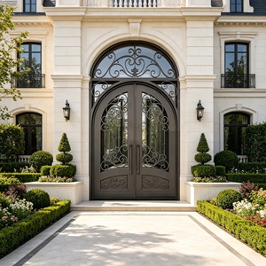 Porte en fer forgé avec vitrage cintrée, design classique à motifs en spirale, porte d'entrée résistante aux intempéries pour projet de villa - Product Image 3