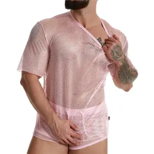 Özel moda erkek seksi kostüm erkek şeffaf Fishnet seks Boxer külot eşcinsel erkek pembe Sissy iç çamaşırı erkekler için örgü iç çamaşırı