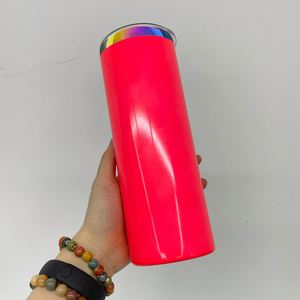 Custom LogoFluorescent Neon Colored 20oz rainbow Plated Skinny Straight Tumbler with Slide Lid for Laser Engraving - Product Image 4
