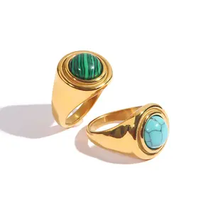 Mode Temperament Ring Verguld Ingelegd Turquoise Malachiet Rvs Ring Voor Vrouwen