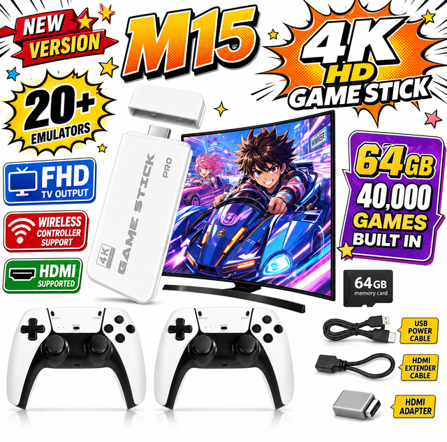 M15 Retro Gaming Console 20000+ Retro Game Stick 4K HD TV Game Stick Plug Play Game Console for TV with 2 Wireless Controllers
